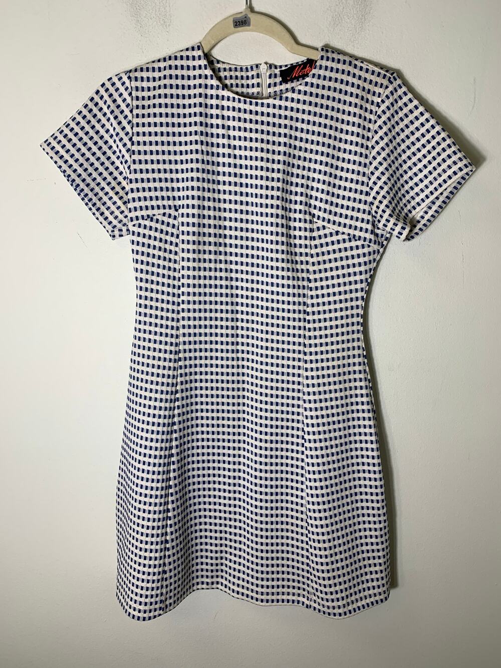 Motel Blue White Short Sleeve Checkered Dress Sz S